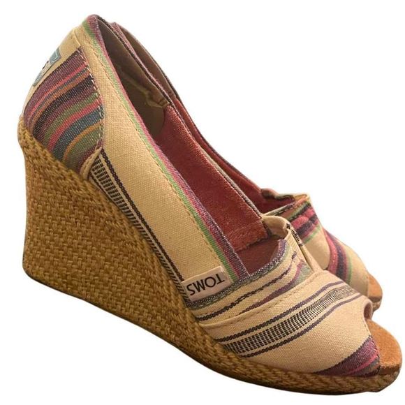 Toms Shoes - Toms Stripe Open Toe Espadrille Wedge Heels Sandals Shoes Sz 5